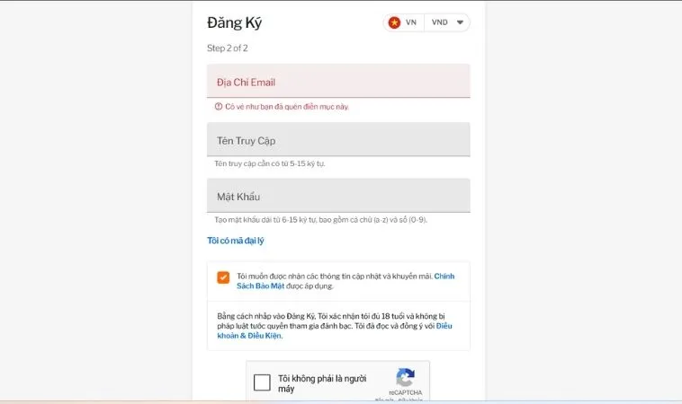 Giao diện đăng ký 188Bet