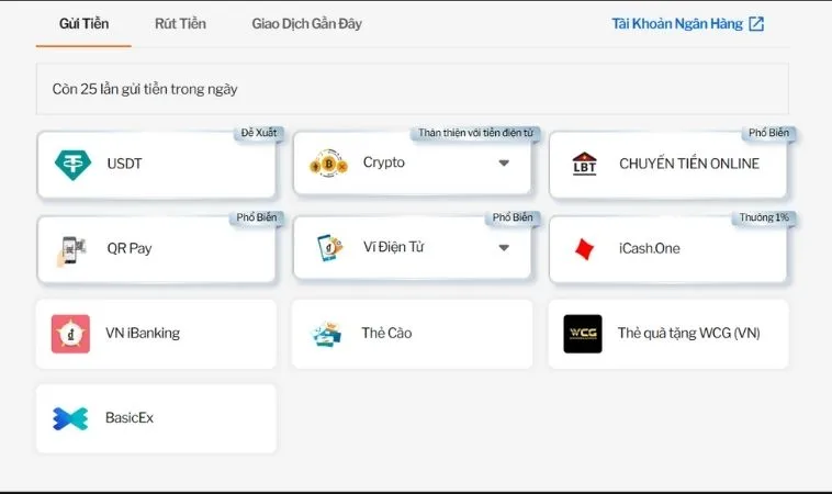 Các phương thức nạp tiền 188Bet